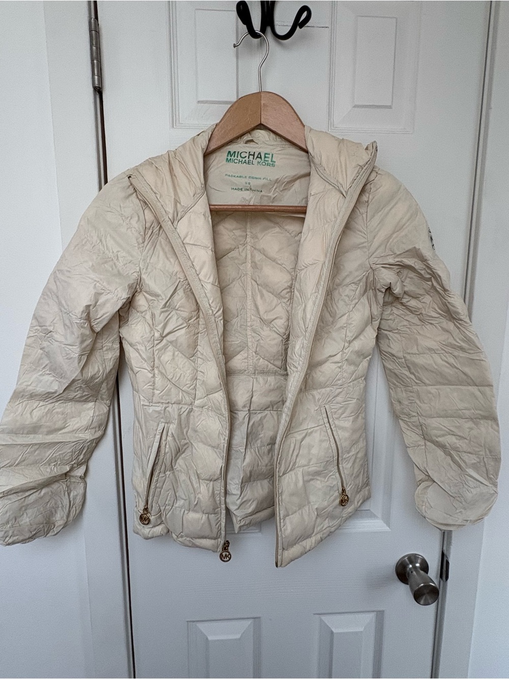 Michael Kors Cream Packable Down Jacket with Green Logo